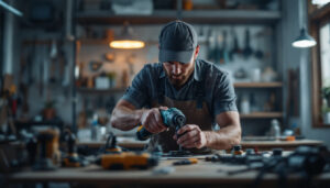 A photograph of a skilled lighting contractor in action