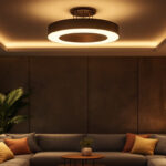 A photograph of a stylish lounge area featuring a modern ceiling light fixture