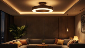 A photograph of a stylish lounge area featuring a modern ceiling light fixture