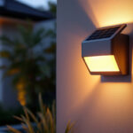 A photograph of a beautifully designed exterior solar wall sconce installed on a modern home