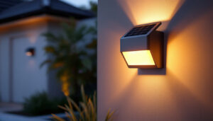 A photograph of a beautifully designed exterior solar wall sconce installed on a modern home