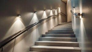 A photograph of a well-lit stairwell featuring modern smart lighting fixtures