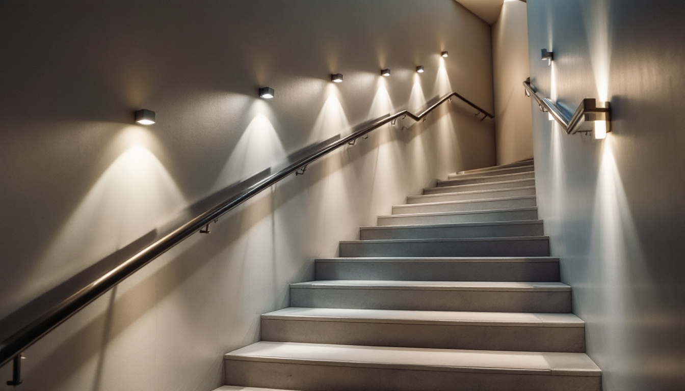 A photograph of a well-lit stairwell featuring modern smart lighting fixtures