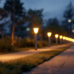 A photograph of a well-lit outdoor scene featuring various styles of illuminated bollards in use