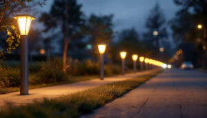 A photograph of a well-lit outdoor scene featuring various styles of illuminated bollards in use