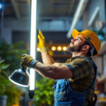 A photograph of a lighting contractor installing or showcasing vibrant 8-foot led lights in a commercial or residential setting