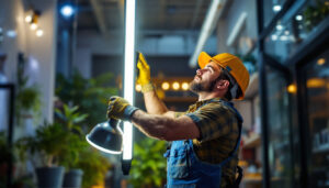 A photograph of a lighting contractor installing or showcasing vibrant 8-foot led lights in a commercial or residential setting