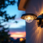 A photograph of a lighting contractor installing led dusk to dawn lights on a residential property