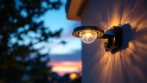 A photograph of a lighting contractor installing led dusk to dawn lights on a residential property