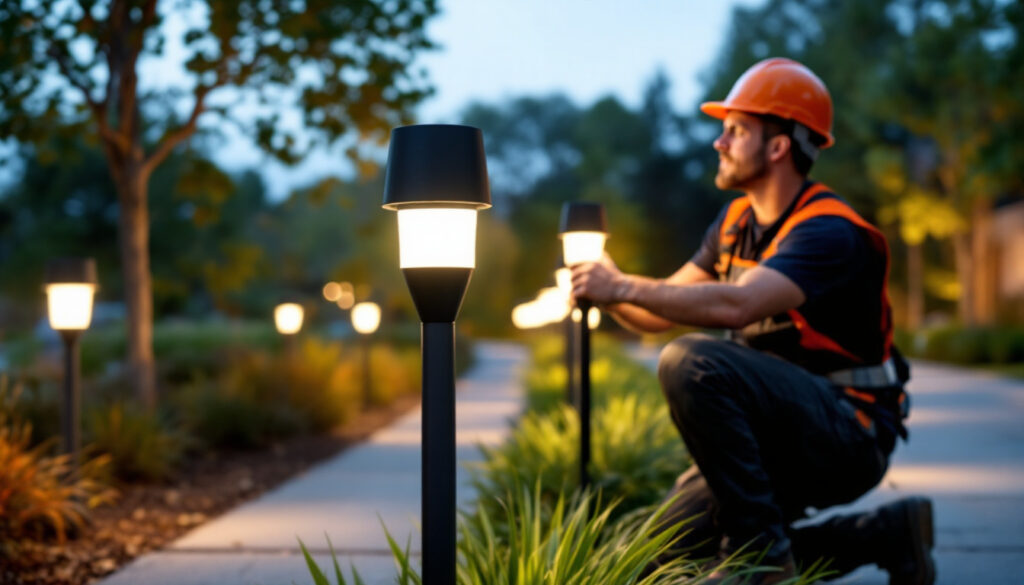 A photograph of a lighting contractor installing a sleek led bollard light in a landscaped outdoor setting