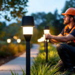 A photograph of a lighting contractor installing a sleek led bollard light in a landscaped outdoor setting