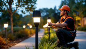 A photograph of a lighting contractor installing a sleek led bollard light in a landscaped outdoor setting