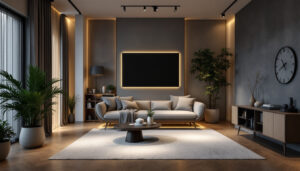 A photograph of a beautifully designed interior space featuring led canned lights that highlight the room's architectural features
