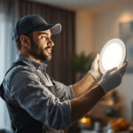 A photograph of a professional lighting contractor installing a sleek 6-inch wafer light in a modern residential setting