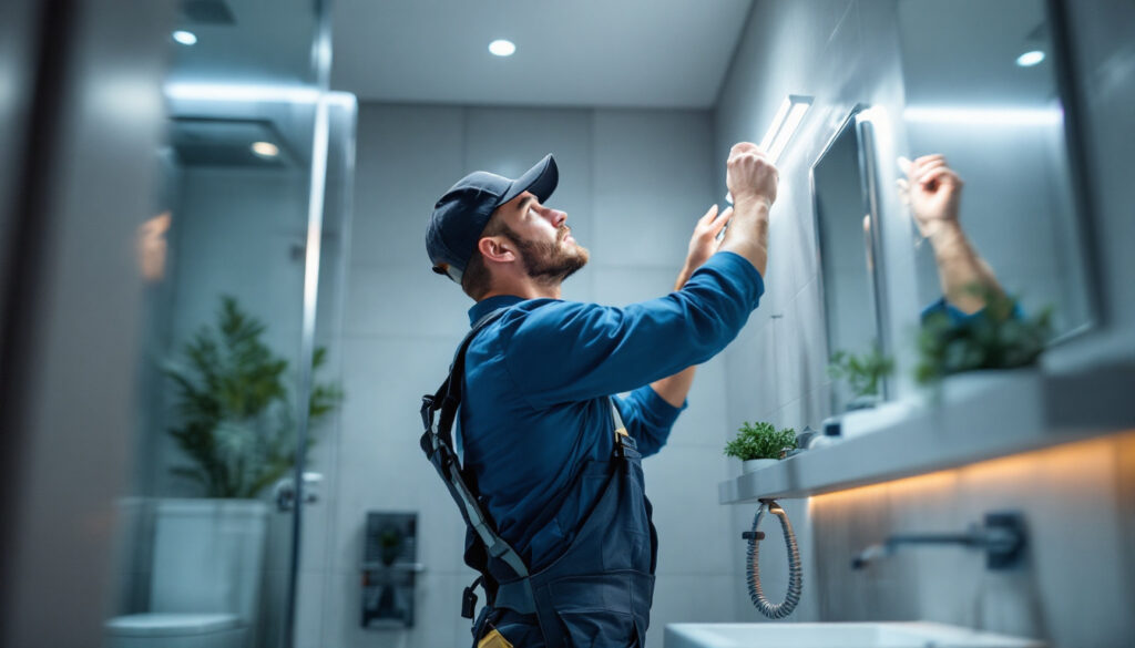 A photograph of a lighting contractor expertly installing led bathroom lights in a modern bathroom setting