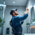 A photograph of a lighting contractor expertly installing led bathroom lights in a modern bathroom setting