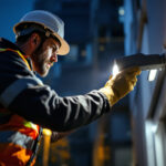 A photograph of a lighting contractor in action