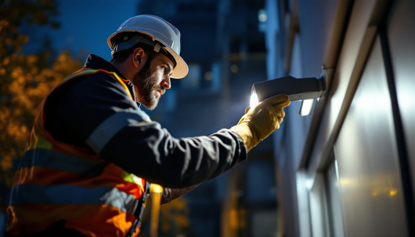 A photograph of a lighting contractor in action