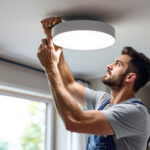 A photograph of a modern lighting contractor installing or adjusting a sleek 6-inch can light trim in a stylish residential or commercial space