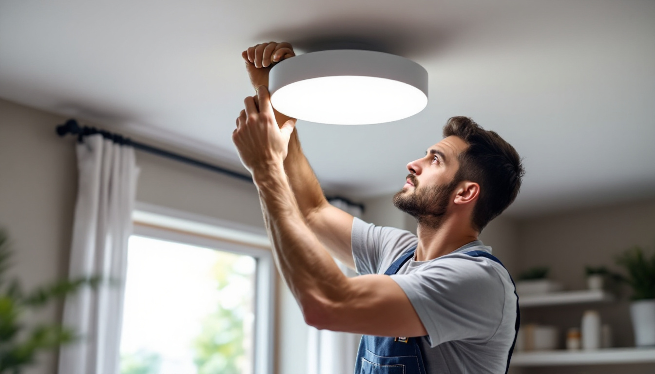 A photograph of a modern lighting contractor installing or adjusting a sleek 6-inch can light trim in a stylish residential or commercial space