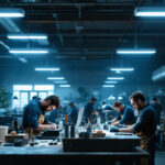 A photograph of a well-lit workshop or retail space showcasing led overhead shop lights in action