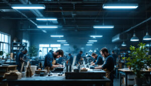 A photograph of a well-lit workshop or retail space showcasing led overhead shop lights in action