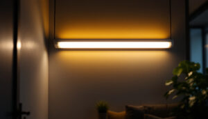 A photograph of a modern fluorescent light fixture installed in a stylish interior setting
