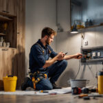 A photograph of a skilled lighting contractor installing a washer electrical outlet in a modern laundry room