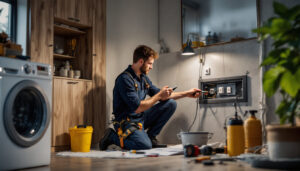 A photograph of a skilled lighting contractor installing a washer electrical outlet in a modern laundry room