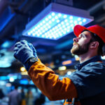 A photograph of a lighting contractor installing or adjusting led lights in a commercial setting