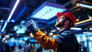 A photograph of a lighting contractor installing or adjusting led lights in a commercial setting