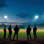 A photograph of a well-lit baseball field at dusk