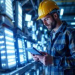 A photograph of a skilled lighting contractor examining various industrial led lights in a well-lit warehouse environment