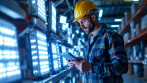 A photograph of a skilled lighting contractor examining various industrial led lights in a well-lit warehouse environment