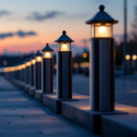 A photograph of a well-lit scene featuring a row of stylish lighthouse bollards installed along a pathway or waterfront