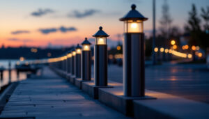 A photograph of a well-lit scene featuring a row of stylish lighthouse bollards installed along a pathway or waterfront