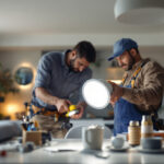 A photograph of a lighting contractor installing replacement led can lights in a modern home setting