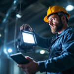 A photograph of a lighting contractor installing a powerful led flood light in a commercial or outdoor setting