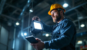 A photograph of a lighting contractor installing a powerful led flood light in a commercial or outdoor setting