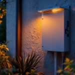 A photograph of an outdoor electrical box with a weatherproof cover installed in a landscaped setting