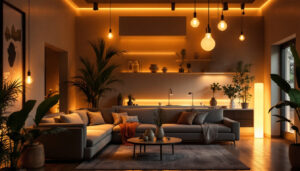 A photograph of a beautifully styled interior space illuminated by type s bulbs