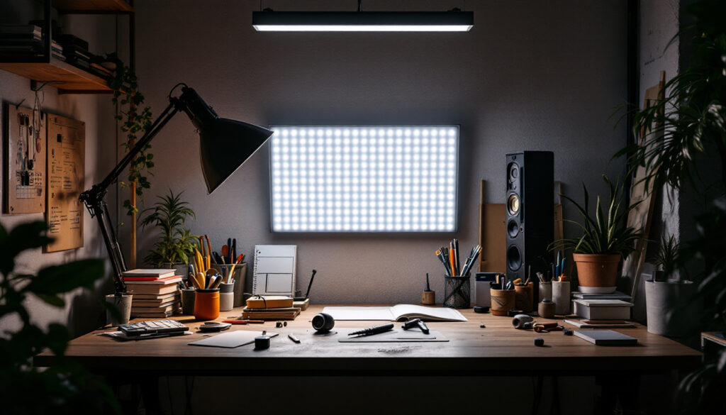 A photograph of a well-lit workspace featuring a 2x4 panel led light installation