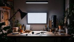 A photograph of a well-lit workspace featuring a 2x4 panel led light installation