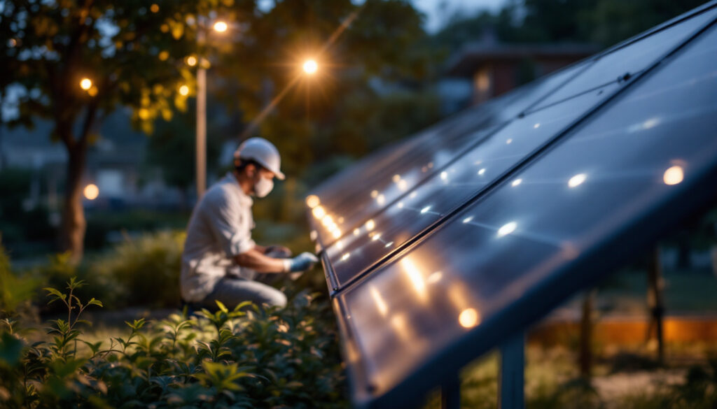 A photograph of a well-organized solar lighting installation in an outdoor setting