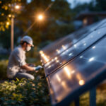 A photograph of a well-organized solar lighting installation in an outdoor setting