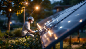 A photograph of a well-organized solar lighting installation in an outdoor setting