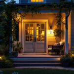 A photograph of a beautifully lit porch at dusk