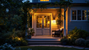 A photograph of a beautifully lit porch at dusk