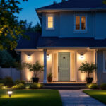 A photograph of a well-lit outdoor space featuring motion-activated security lights in action