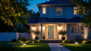 A photograph of a well-lit outdoor space featuring motion-activated security lights in action
